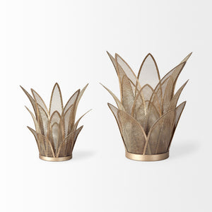 Vero I Small Gold Toned Mesh Metal Leaves Table Candle Holder