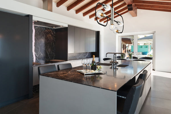Neutra 5 Light Island/Billiard in Matte Black + Polished Nickel Finish