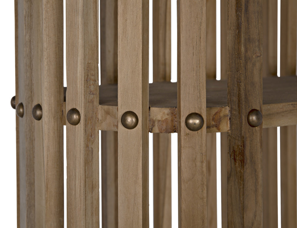 Opal Teak & Veneer Bookcase with Brass Nailhead Accents in Natural Finish