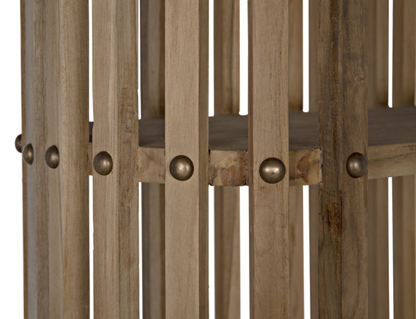 Opal Teak & Veneer Bookcase with Brass Nailhead Accents in Natural Finish