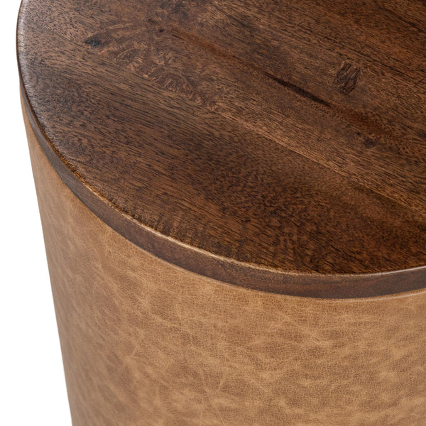 Andra Leather Round Accent Table in Tan with Mango Wood Top