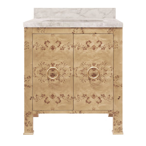 BATH VANITY IN BURL WOOD W/ ANT. BRASS HARDWARE, WHITE MARBLE TOP, AND PORCELAIN SINK