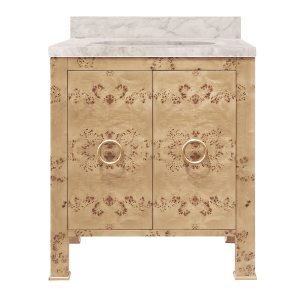 BATH VANITY IN BURL WOOD W/ ANT. BRASS HARDWARE, WHITE MARBLE TOP, AND PORCELAIN SINK