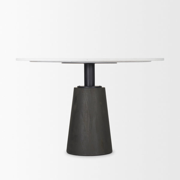 Maxwell 48L x 48W x 30H Round White Marble Top w/ Black Metal and Wood Pedestal Base Dining Table