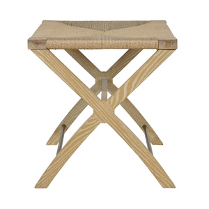 RUSH SEAT X SIDE STOOL WITH ANTIQUE BRASS STRETCHER IN CERUSED OAK