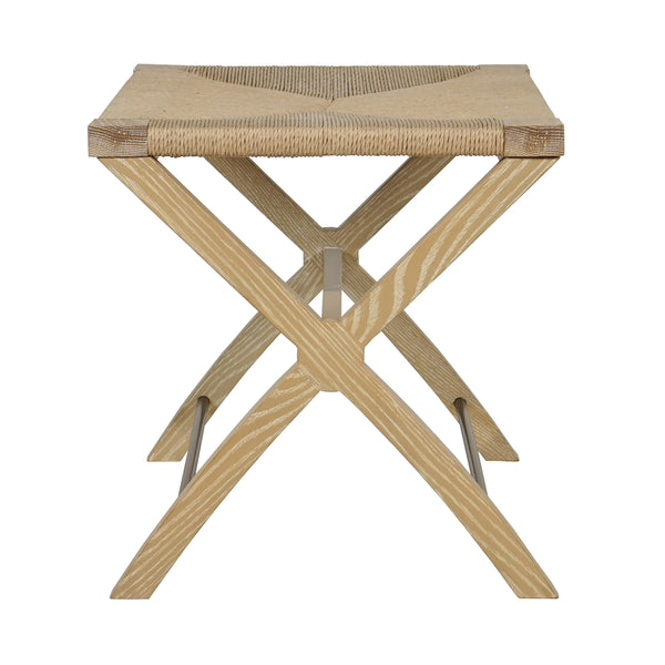 RUSH SEAT X SIDE STOOL WITH ANTIQUE BRASS STRETCHER IN CERUSED OAK