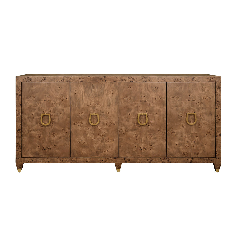 FOUR DOOR BUFFET WITH SATIN BRASS HORSEBIT INSPIRED HARDWARE AND FOOT CAPS IN DARK BURL WOOD