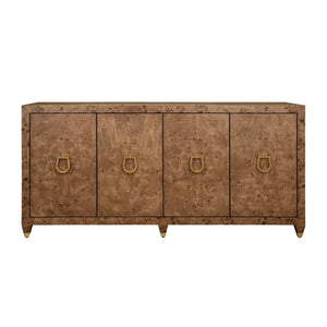 FOUR DOOR BUFFET WITH SATIN BRASS HORSEBIT INSPIRED HARDWARE AND FOOT CAPS IN DARK BURL WOOD
