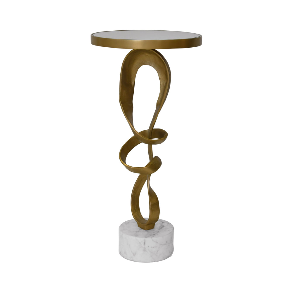 ROUND SCULPTURAL LOOP BASE SIDE TABLE IN ANTIQUE BRASS WITH INSET MIRROR TOP