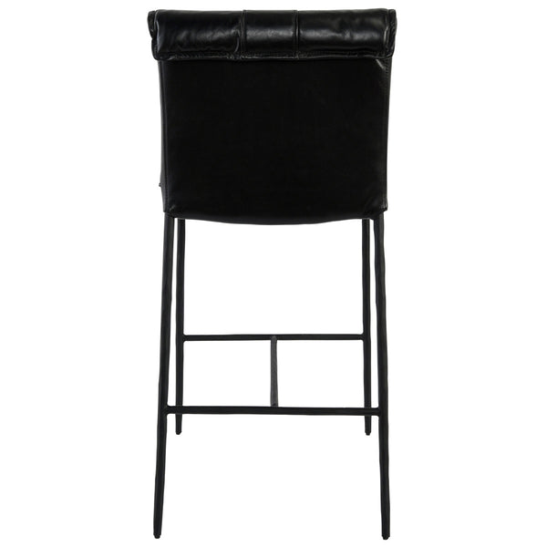 Mayer Leather Counter Stool with Hammered Iron Legs - Jet Black