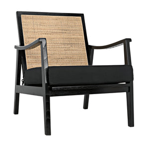 Lichtenstein Sungkai and Mindi Wood Chair with Peeled Rattan Detailing in Charcoal Black with Black Cotton Upholstery