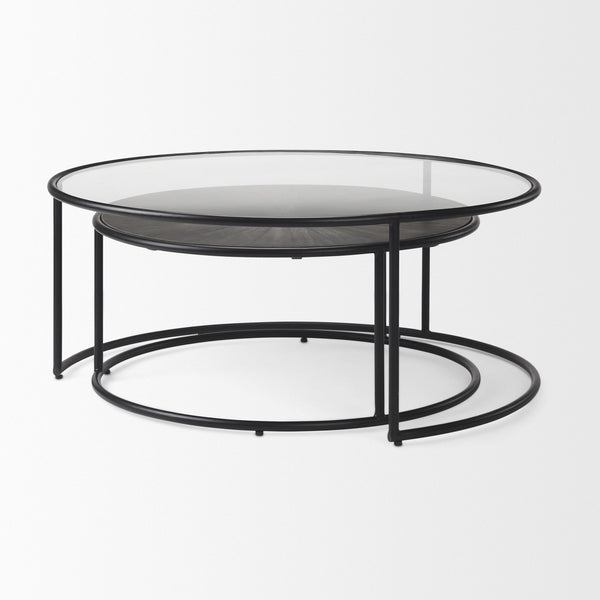 Arlo 40.0L x 40.0W x 17.0H Set of 2 Brown Wood and Glass W/Black Metal Coffee Tables