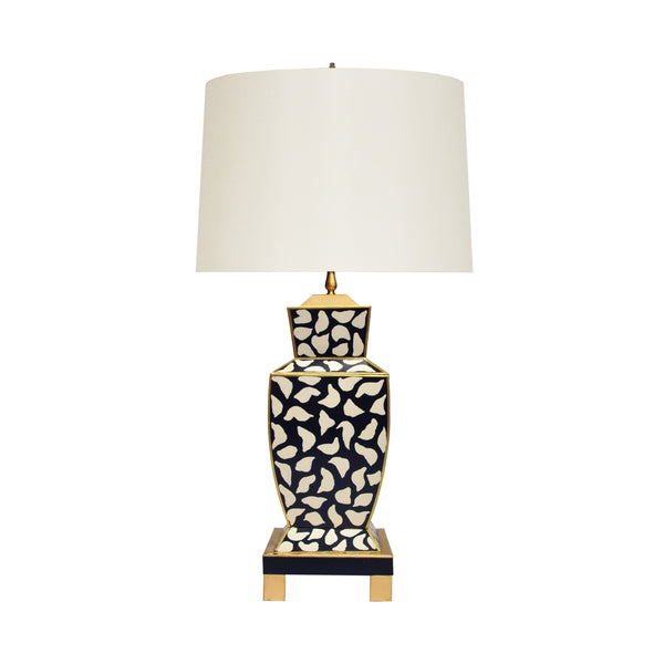 HAND PAINTED URN SHAPE TOLE TABLE LAMP IN BLACK LEOPARD