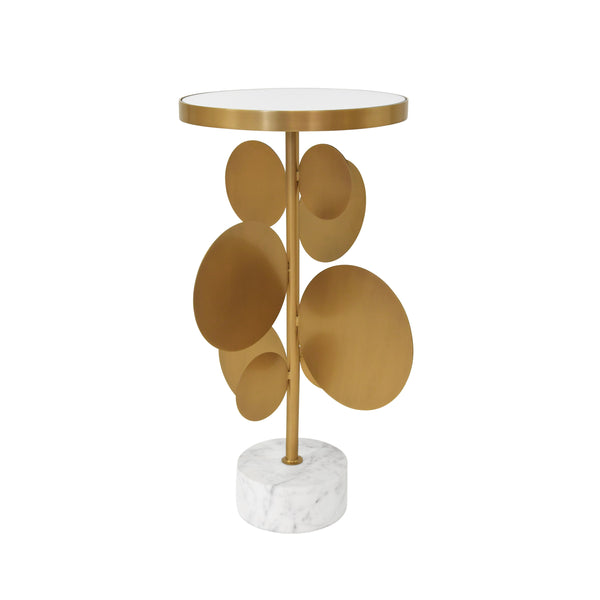 ROUND BRASS SIDE TABLE FEATURING BASE WITH ARRAY OF ANTIQUE BRASS DISCS, WHITE MARBLE BASE, AND INSET MIRROR