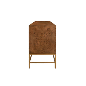 FOUR DOOR BUFFET WITH ANTIQUE BRASS METAL BASE IN DARK BURL WOOD