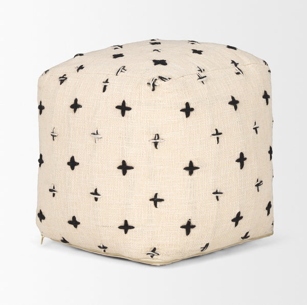 Saanvi Wool w/ Cream and Black Stitched Cross Patterned Pouf