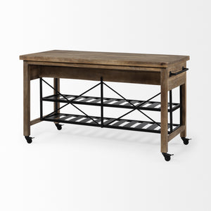 Stuart I Brown Solid Wood Top Two-Tier Black Metal Rolling Kitchen Island