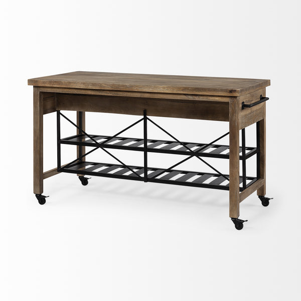 Stuart I Brown Solid Wood Top Two-Tier Black Metal Rolling Kitchen Island