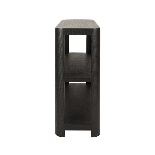 THREE TIER CONSOLE WITH CURVED CORNERS IN BLACK PAINTED GRASSCLOTH