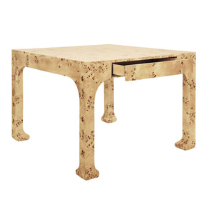 SQUARE TWO DRAWER PAGODA STYLE GAME TABLE IN BURL WOOD