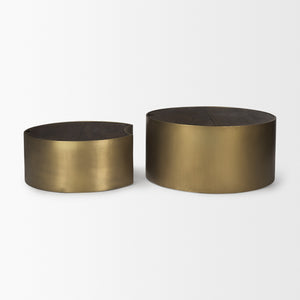 Eclipse Gold Metal Drum Base w/ Dark Brown Wood Top Nested Coffee Table