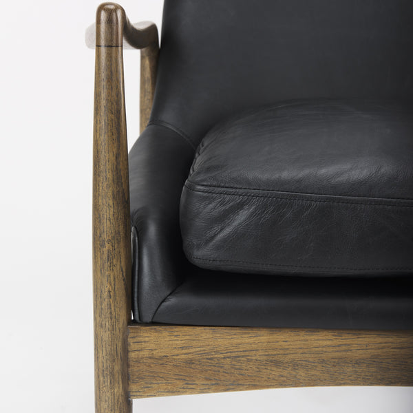 Westan Black Genuine Leather W/Medium Brown Wood Accent Chair