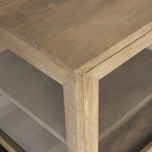 Arelius 70L x 18W x 32H Light Brown Wood, Black Metal Base w/ 4 Glass Cabinet Doors Sideboard