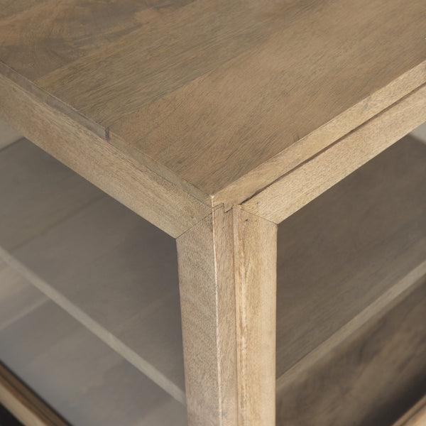 Arelius 70L x 18W x 32H Light Brown Wood, Black Metal Base w/ 4 Glass Cabinet Doors Sideboard