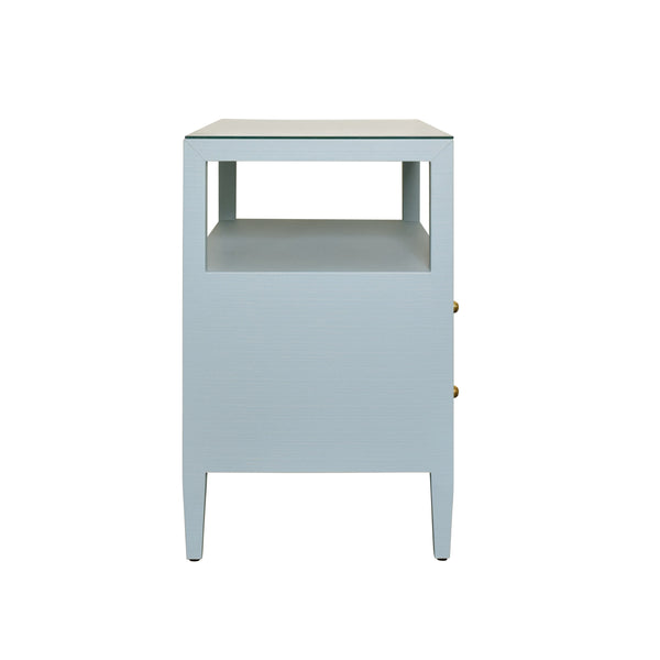 TWO DRAWER SIDE TABLE WITH OPEN TOP SHELF IN TEXTURED LIGHT BLUE LINEN WITH POLISHED BRASS KNOBS