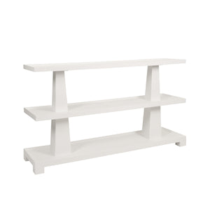 THREE TIER TWO COLUMN CONSOLE IN TEXTURED WHITE LINEN