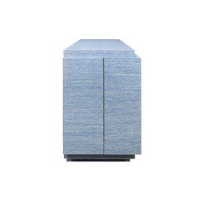 FOUR DOOR WRAP AROUND MODERN BUFFET WITH BRASS FLUTED HANDLES IN DYED BLUE GRASSCLOTH