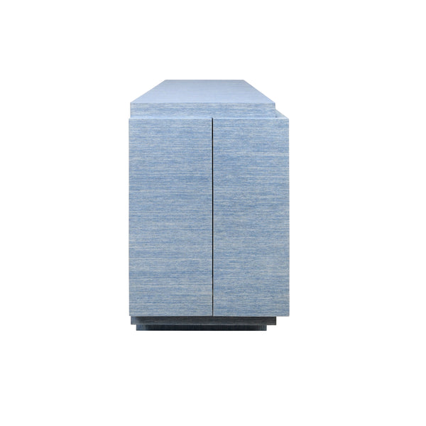 FOUR DOOR WRAP AROUND MODERN BUFFET WITH BRASS FLUTED HANDLES IN DYED BLUE GRASSCLOTH