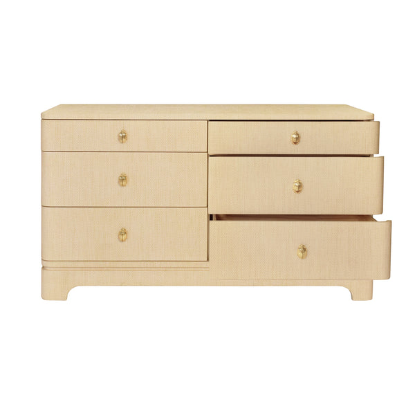 SIX DRAWER ROUNDED EDGE CHEST WITH BRASS BEETLE KNOB IN NATURAL GRASSCLOTH