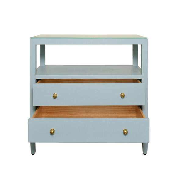 TWO DRAWER SIDE TABLE WITH OPEN TOP SHELF IN TEXTURED LIGHT BLUE LINEN WITH POLISHED BRASS KNOBS