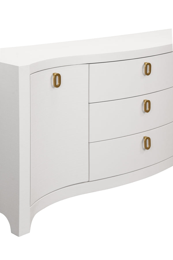 CURVED FRONT TWO DOOR THREE DRAWER BUFFET IN TEXTURED WHITE LINEN WITH SATIN BRASS RING HARDWARE