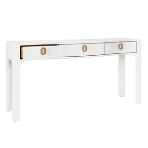 CURVED FRONT CONSOLE WITH THREE DRAWERS IN TEXTURED WHITE LINEN WITH SATIN BRASS RING HARDWARE AND GLASS TOP