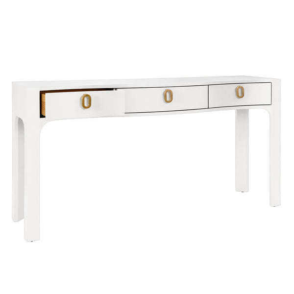 CURVED FRONT CONSOLE WITH THREE DRAWERS IN TEXTURED WHITE LINEN WITH SATIN BRASS RING HARDWARE AND GLASS TOP