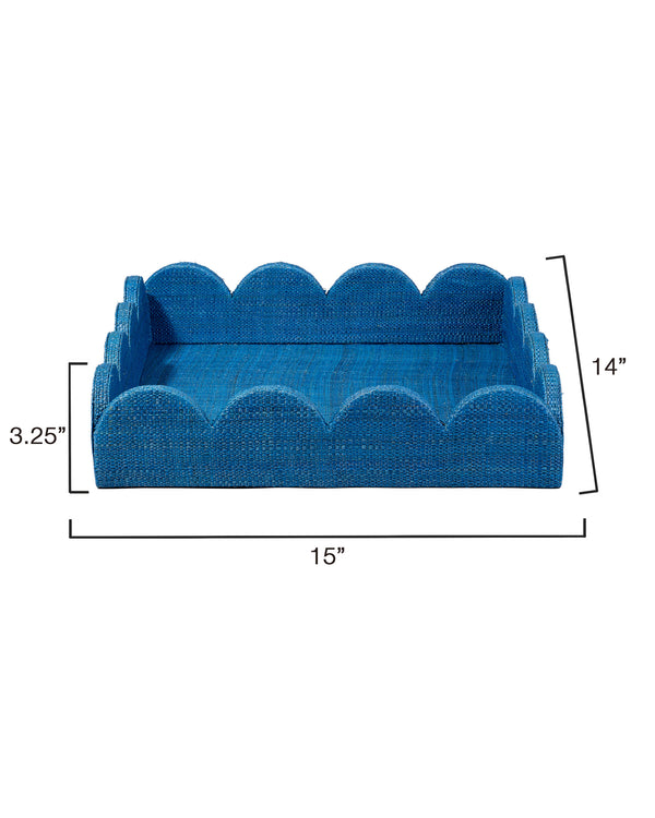 Wonderland Scalloped Small Decorative Raffia Tray, Indigo