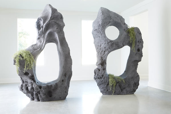 Colossal Cast Stone Sculpture, Two Holes, Charcoal Stone