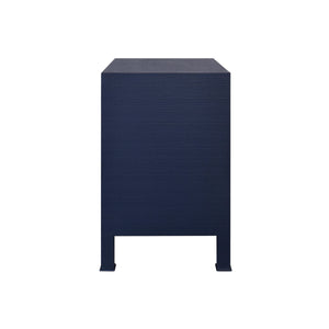 TWO DRAWER SIDE TABLE WITH ANTIQUE BRASS CIRCLE HARDWARE IN TEXTURED NAVY LINEN