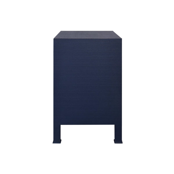 TWO DRAWER SIDE TABLE WITH ANTIQUE BRASS CIRCLE HARDWARE IN TEXTURED NAVY LINEN