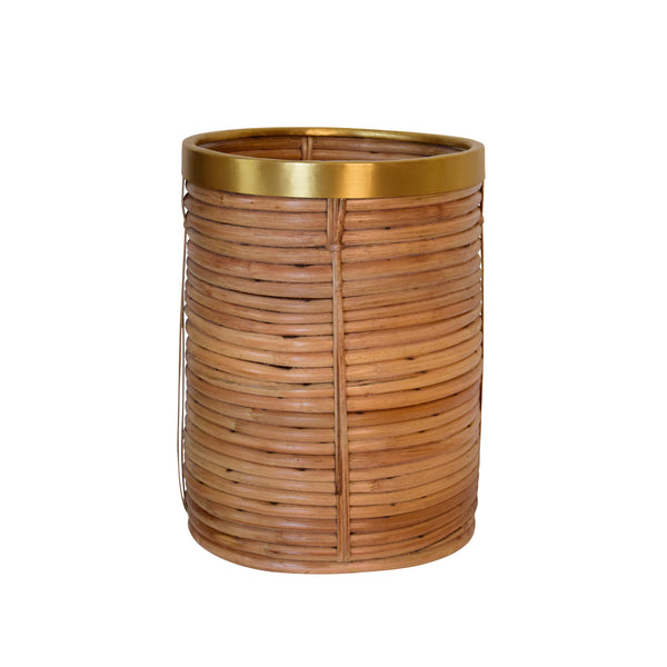 NATURAL RATTAN WASTE BASKET WITH BRASS RIM DETAIL