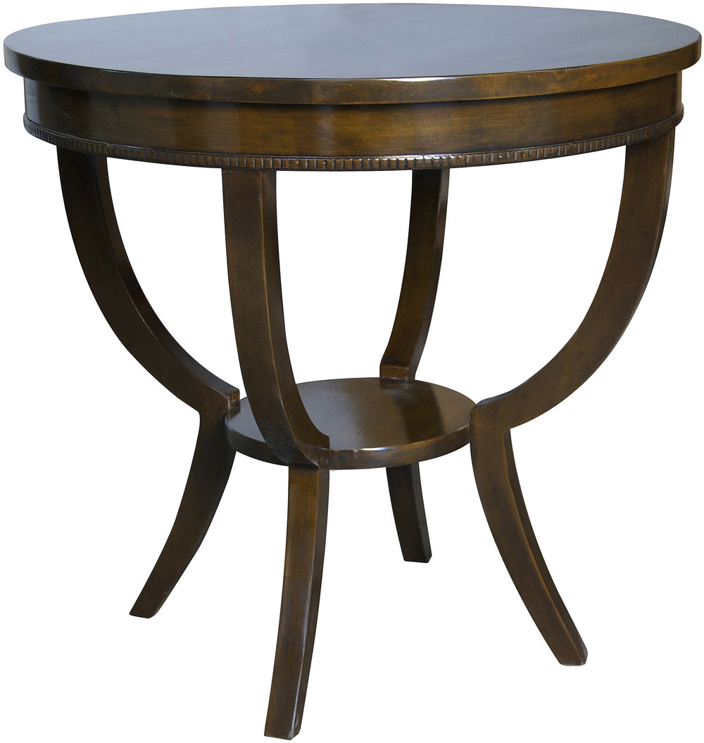 Scheffield Round Birch and Veneer End Table in Distressed Brown