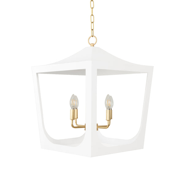 MODERN PAGODA LANTERN WITH FOUR LIGHT GOLD LEAF CLUSTER, BODY IN WHITE POWDER COAT