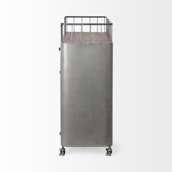 Udo Metal Frame Two Door Cabinet w/Two Drawers & Wood Top Bar Cart