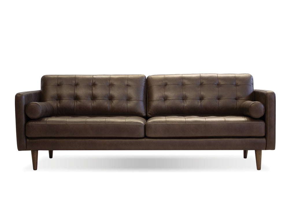 Baldwin sofa in vintage chocolate with wood legs and teak oak stain