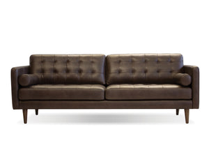 Baldwin sofa in vintage chocolate with wood legs and teak oak stain