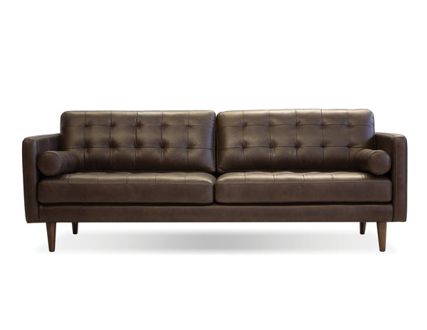 Baldwin sofa in vintage chocolate with wood legs and teak oak stain