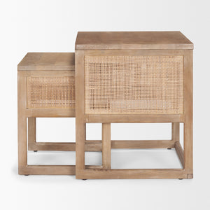 Grier Set of 2 Light Brown Solid Wood w/ Cane Nesting Accent Tables