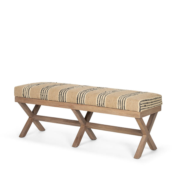 Solis 50L x 16W Brown Base Upholstered Beige/Black Stripe Seat Accent Bench